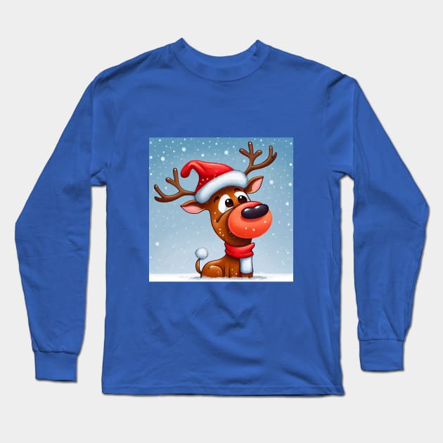 Christmas Reindeer with Santa Hat is standing in deep snow. Long Sleeve T-Shirt by KOTOdesign